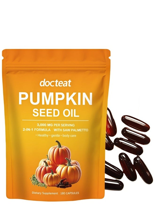 docteat Pumpkin Seed Oil Capsules - Pumpkin Seed Oil with Saw Palmetto for Hair Growth, Cold Pressed, Rich in Fatty Acids Promotes Healthy, Scalp Young Skin - 180 Softgels (1) - Image 1